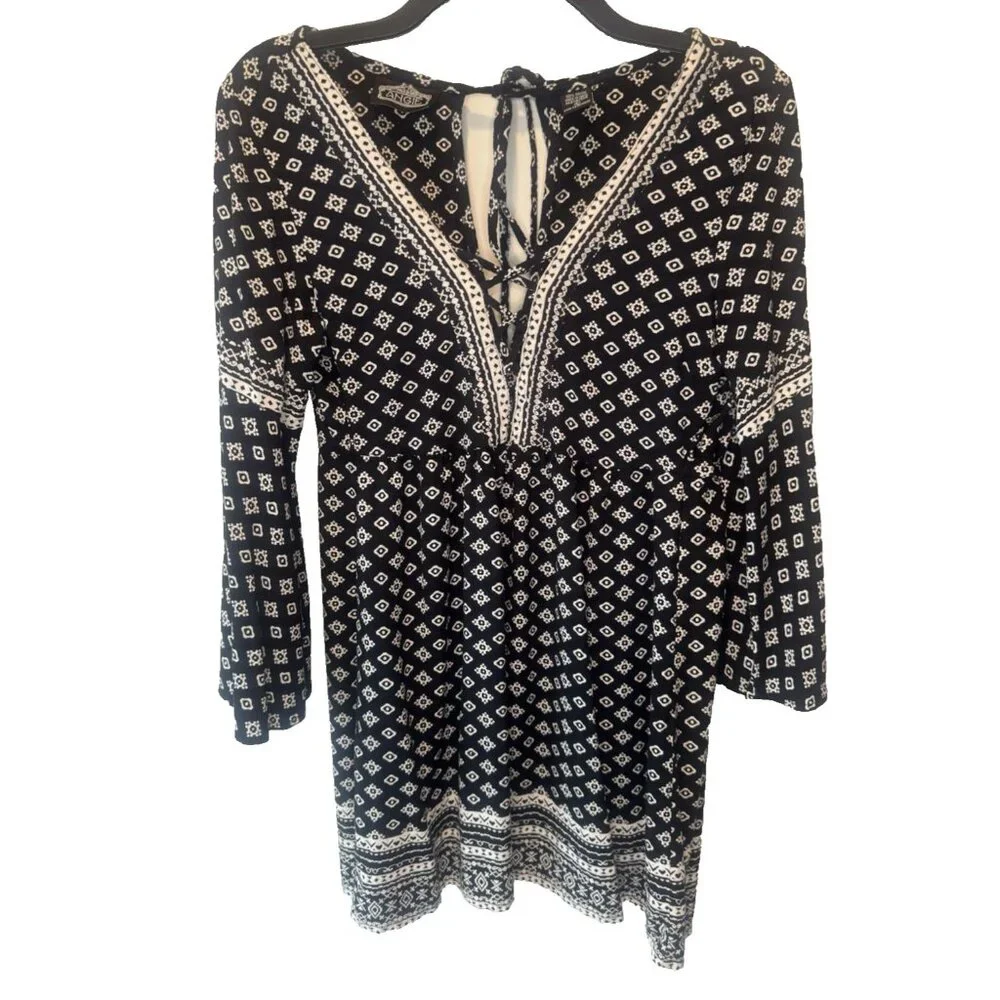 Womens Black White Bell Sleeve Mini Dress Large Boho Peasant Hippie Festival - Picture 1 of 9